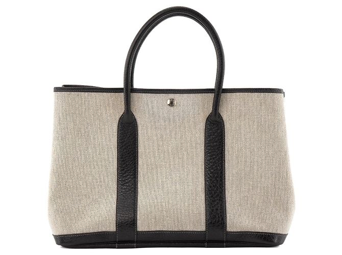HERMÈS - Borsa a Mano Garden Party Hermès in Tela Grigia e Pelle Nera Nero - vista 3