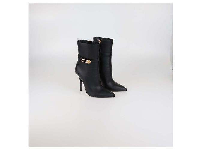 Versace Black Leather Safety Pin Pointed Toe Heeled Ankle Boots - view 2