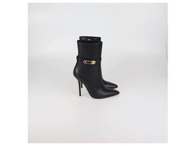 Versace Black Leather Safety Pin Pointed Toe Heeled Ankle Boots - view 3