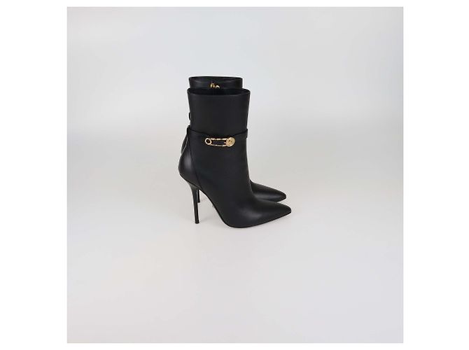 Versace Black Leather Safety Pin Pointed Toe Heeled Ankle Boots - view 4