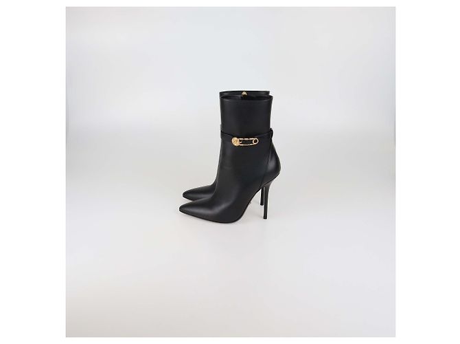 Versace Black Leather Safety Pin Pointed Toe Heeled Ankle Boots - view 5