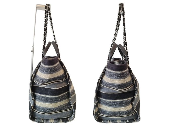 Borsa Tote Chanel Deauville in tela a righe blu navy e beige - vista 10