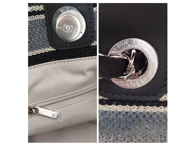 Borsa Tote Chanel Deauville in tela a righe blu navy e beige - vista 12