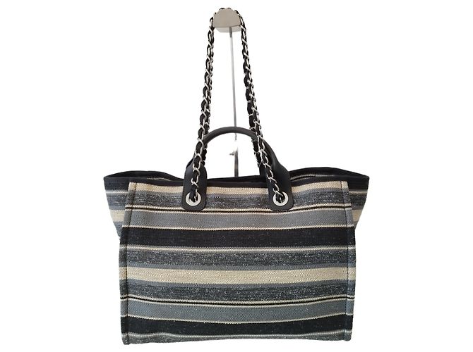 Borsa Tote Chanel Deauville in tela a righe blu navy e beige - vista 4