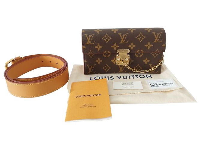 Pochette Louis Vuitton S Lock in tela monogram e pelle naturale Marrone - vista 3