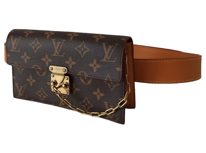 Pochette Louis Vuitton S Lock in tela monogram e pelle naturale Marrone - vista 4