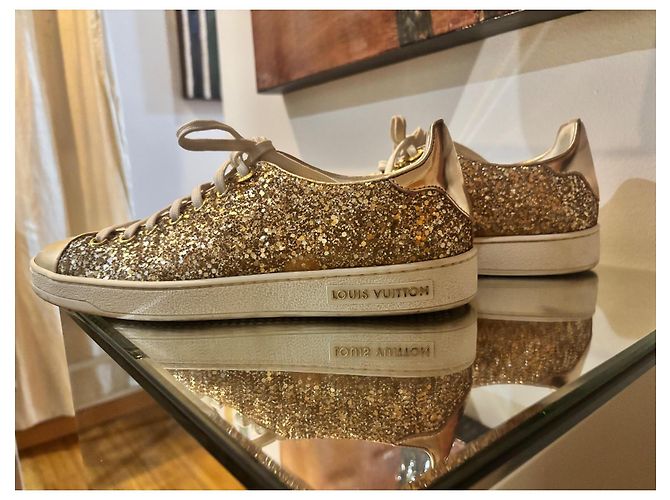 Sneakers Louis Vuitton FrontRow Oro con Paillettes Beige D'oro - vista 3