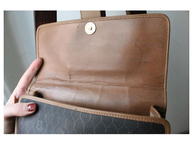 Borsa a spalla Dior in tela marrone e pelle beige - vista 8