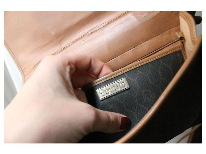 Borsa a spalla Dior in tela marrone e pelle beige - vista 9