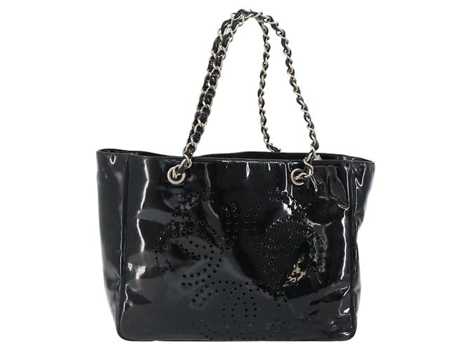 CHANEL Triple Coco Kette Tote Tasche aus Lackleder Schwarz Silber CC Auth 146826 - Ansicht 13