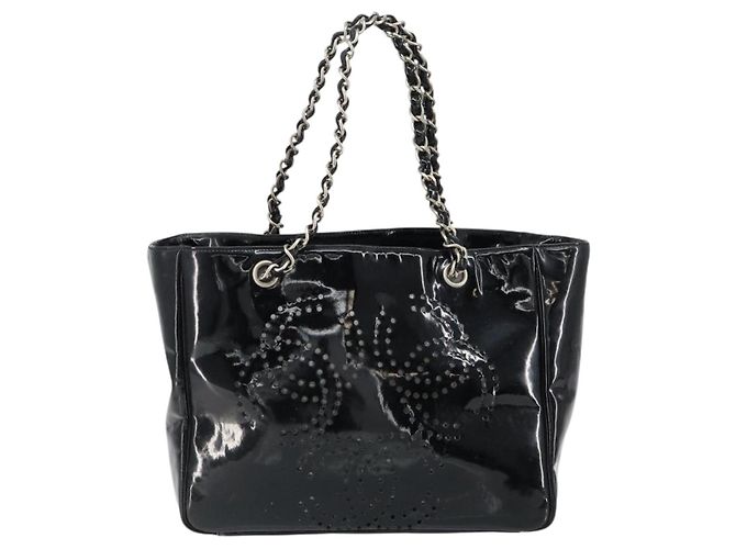 CHANEL Triple Coco Kette Tote Tasche aus Lackleder Schwarz Silber CC Auth 146826 - Ansicht 2