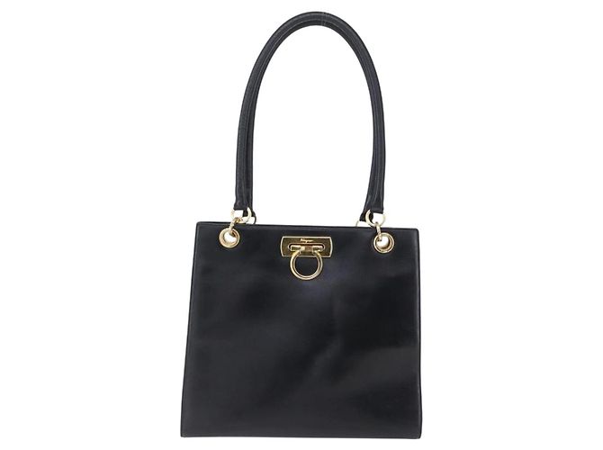 Borsa Tote Gancini in pelle nera e oro Salvatore Ferragamo Auth 149270 Nero D'oro - vista 2