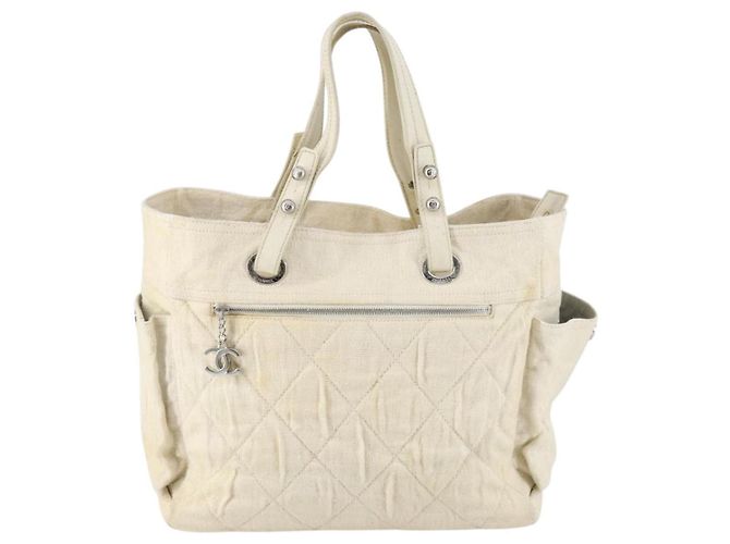 CHANEL Paris Biarritz GM Sac Tote Toile Enduite Blanc Argent CC Auth 142940 Argenté - vue 13