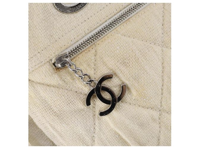CHANEL Paris Biarritz GM Sac Tote Toile Enduite Blanc Argent CC Auth 142940 Argenté - vue 17