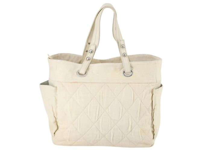 CHANEL Paris Biarritz GM Sac Tote Toile Enduite Blanc Argent CC Auth 142940 Argenté - vue 2
