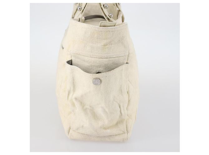CHANEL Paris Biarritz GM Sac Tote Toile Enduite Blanc Argent CC Auth 142940 Argenté - vue 3