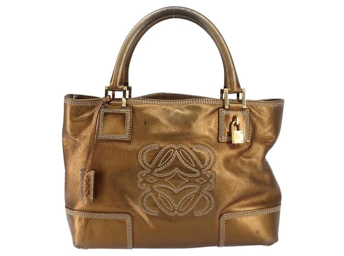 LOEWE Anagram Justa Borsa a Mano Pelle Bronzo Oro Auth 148910 D'oro - vista 13