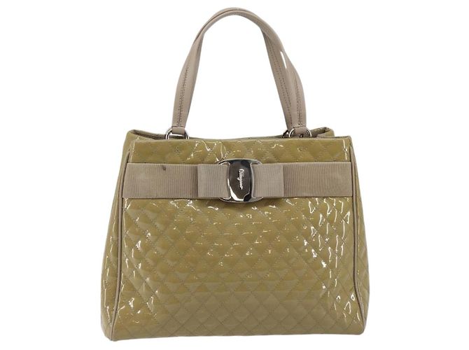 Salvatore Ferragamo Vala Tote Bag Emaille Khaki Silber Auth 144975 - Ansicht 13
