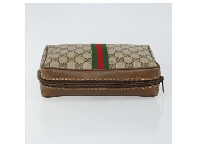 GUCCI GG Canvas Web Sherry Line Clutch Bag PVC Pelle Beige Verde Auth th6400 Rosso - vista 5