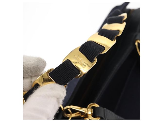 Borsa a mano Vala in tela 2 in 1 Salvatore Ferragamo Blu Navy Oro Auth BA6589 - vista 9
