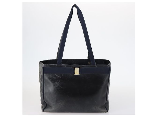 Borsa a Spalla Salvatore Ferragamo Vala in Pelle 2Set Marrone Blu Navy Auth 147275 - vista 2