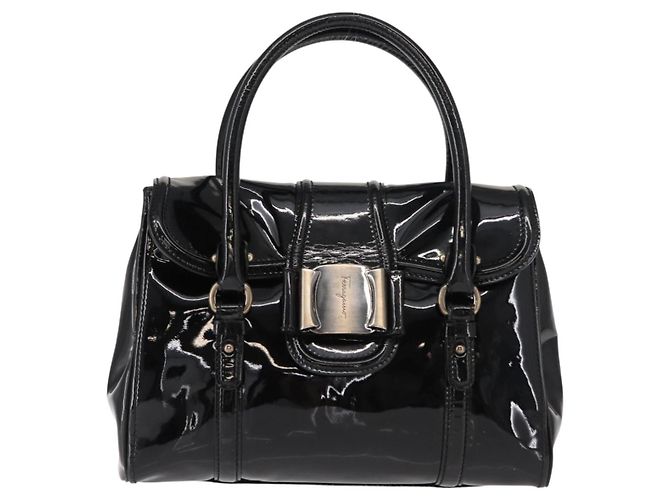 Bolso de mano Vala de esmalte negro y dorado Salvatore Ferragamo Auth BA7339 - vista 13
