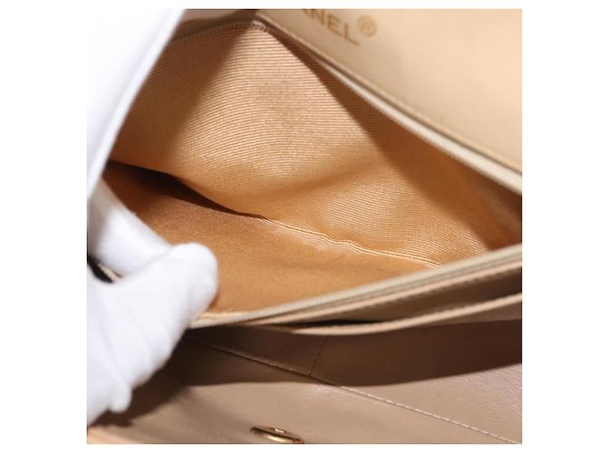 CHANEL Borsa a Spalla Matelassé con Catena in Pelle di Agnello Beige Oro CC Auth BA7295 D'oro - vue 23