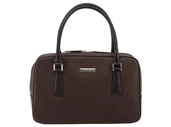 Burberry Bolsa de mão de couro marrom com detalhes em prata Auth am9046 - vista 13