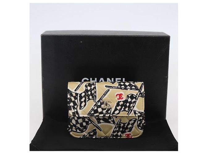CHANEL Matelassé Bandera a Cuadros Bolsa de Cadena de Nylon Dorado CC Auth 144883A Beige - vista 12