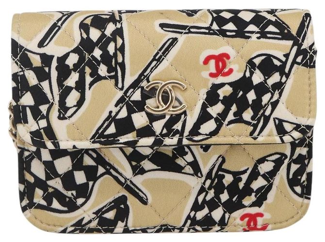 CHANEL Matelassé Bandera a Cuadros Bolsa de Cadena de Nylon Dorado CC Auth 144883A Beige - vista 13