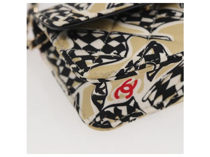CHANEL Matelassé Bandera a Cuadros Bolsa de Cadena de Nylon Dorado CC Auth 144883A Beige - vista 15