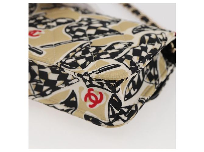 CHANEL Matelassé Bandera a Cuadros Bolsa de Cadena de Nylon Dorado CC Auth 144883A Beige - vista 16
