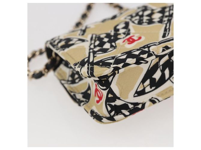 CHANEL Matelassé Bandera a Cuadros Bolsa de Cadena de Nylon Dorado CC Auth 144883A Beige - vista 17
