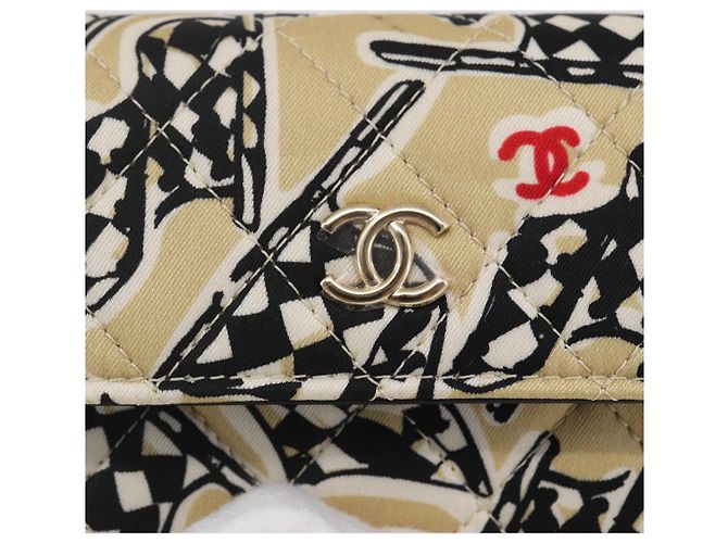 CHANEL Matelassé Bandera a Cuadros Bolsa de Cadena de Nylon Dorado CC Auth 144883A Beige - vista 18