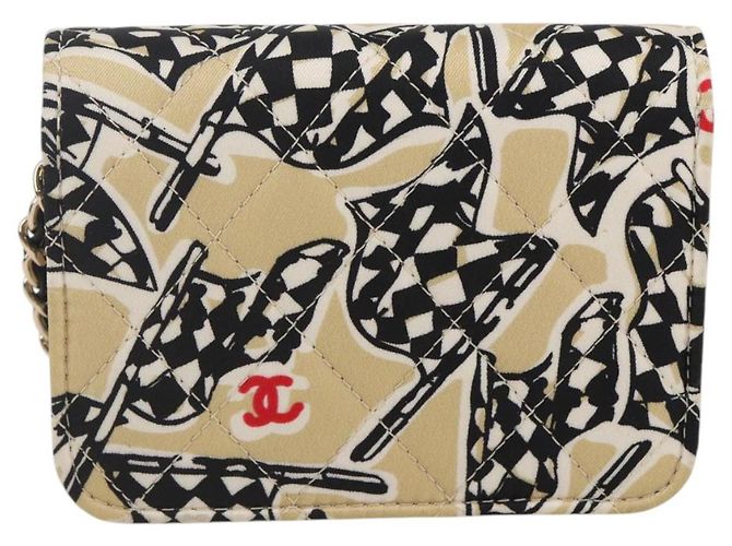 CHANEL Matelassé Bandera a Cuadros Bolsa de Cadena de Nylon Dorado CC Auth 144883A Beige - vista 2