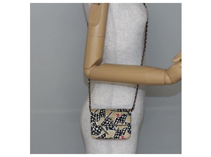 CHANEL Matelassé Bandera a Cuadros Bolsa de Cadena de Nylon Dorado CC Auth 144883A Beige - vista 21