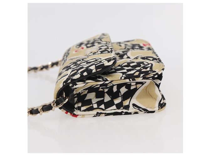 CHANEL Matelassé Bandera a Cuadros Bolsa de Cadena de Nylon Dorado CC Auth 144883A Beige - vista 3