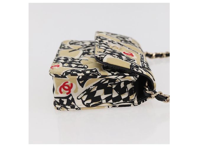 CHANEL Matelassé Bandera a Cuadros Bolsa de Cadena de Nylon Dorado CC Auth 144883A Beige - vista 4
