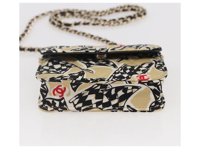 CHANEL Matelassé Bandera a Cuadros Bolsa de Cadena de Nylon Dorado CC Auth 144883A Beige - vista 5