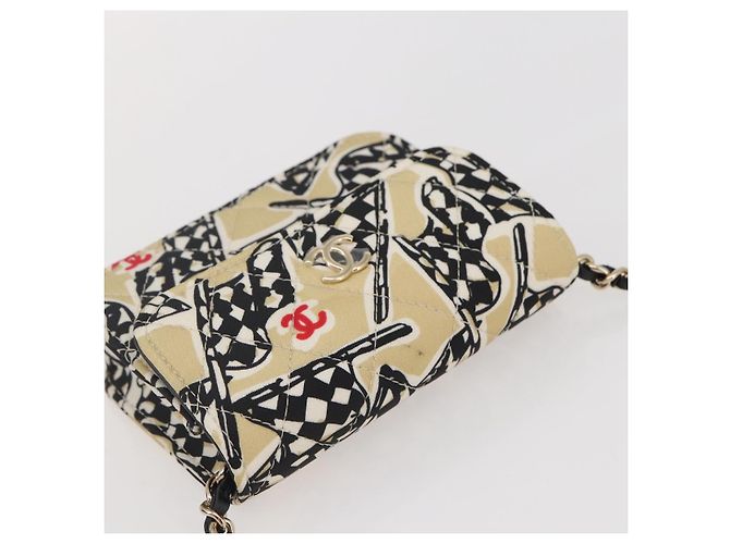 CHANEL Matelassé Bandera a Cuadros Bolsa de Cadena de Nylon Dorado CC Auth 144883A Beige - vista 6