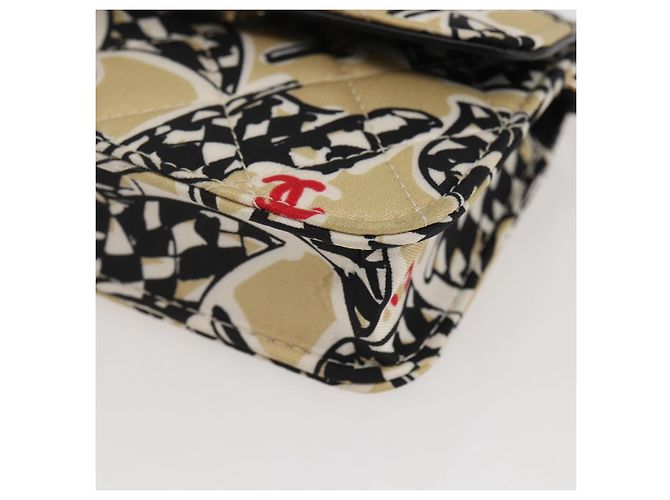 CHANEL Matelassé Bandera a Cuadros Bolsa de Cadena de Nylon Dorado CC Auth 144883A Beige - vista 8