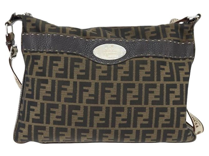 Borsa a Spalla Celeria in Tela Zucca FENDI Nera Marrone Auth 150078 Nero - vista 13