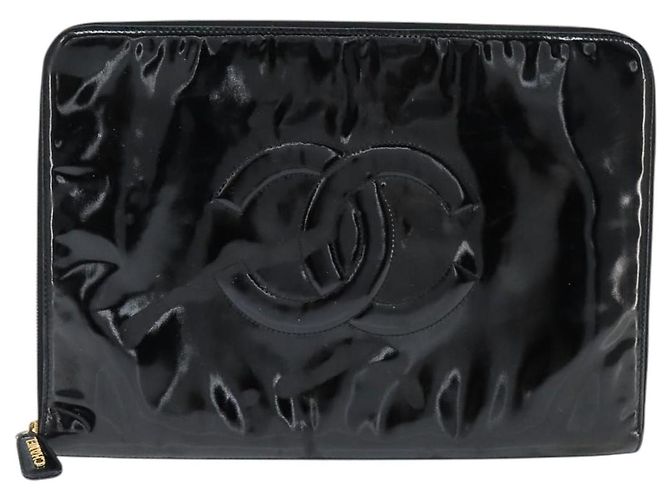 CHANEL Pasta de couro envernizado Preto Ouro CC Auth bs30475 Dourado - vista 13