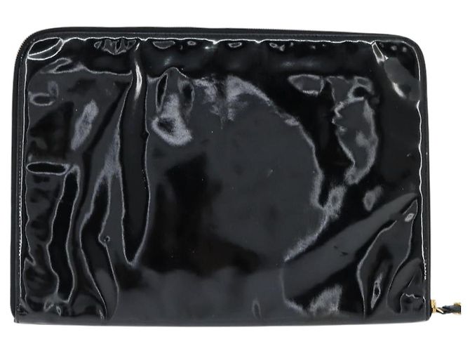 CHANEL Pasta de couro envernizado Preto Ouro CC Auth bs30475 Dourado - vista 2