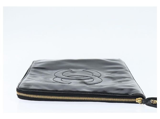 CHANEL Pasta de couro envernizado Preto Ouro CC Auth bs30475 Dourado - vista 3