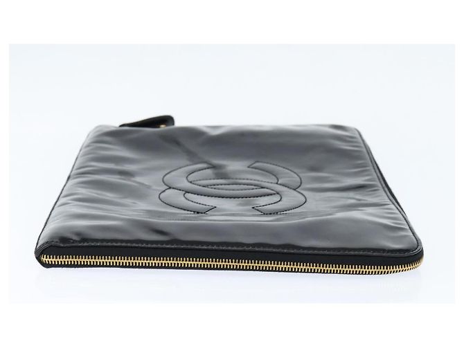 CHANEL Pasta de couro envernizado Preto Ouro CC Auth bs30475 Dourado - vista 4