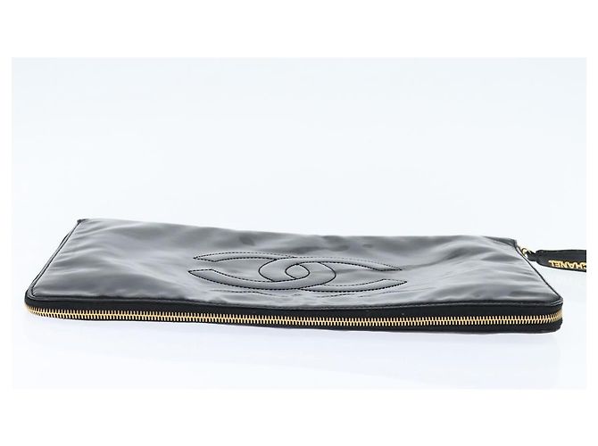 CHANEL Pasta de couro envernizado Preto Ouro CC Auth bs30475 Dourado - vista 5
