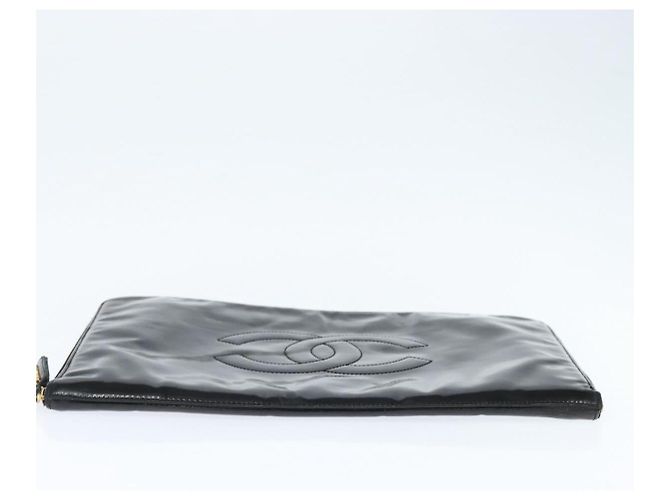 CHANEL Pasta de couro envernizado Preto Ouro CC Auth bs30475 Dourado - vista 6