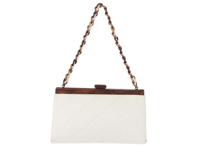 Bolso de hombro de cadena de madera CHANEL de piel de cordero blanco oro CC Auth BA7494 Dorado - vista 2