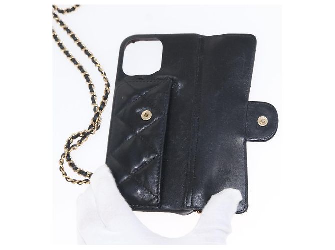 Capa para iPhone 13 Pro Max CHANEL Matelasse Chain em pele de cordeiro preta CC Auth BA8062 Preto Dourado - vista 10